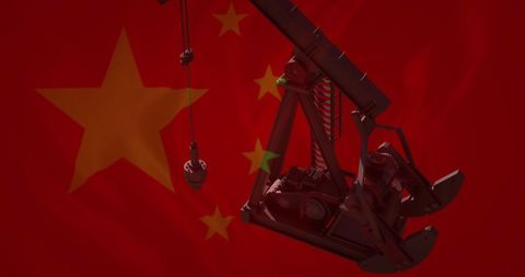 Oil derrick set against chinese flag signifying energy sector