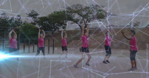 Diverse Women Exercising at Outdoor Obstacle Course, Digital Interface Overlay