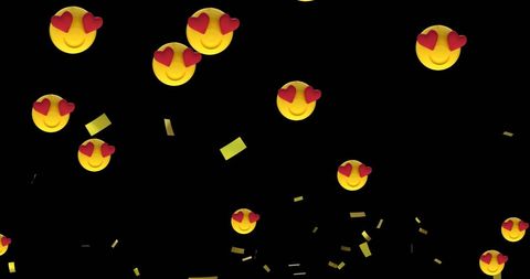 Scattered Heart-Eyed Emojis with Falling Gold Confetti on Black Background - Download Free Stock Images Pikwizard.com