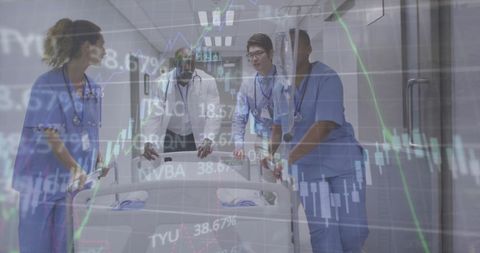 Medical team rushing patient amid stock market charts overlay