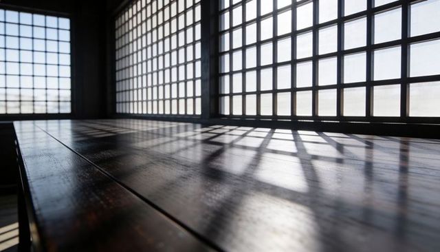 Polished wood table reflecting lattice window shadows in minimalist interior