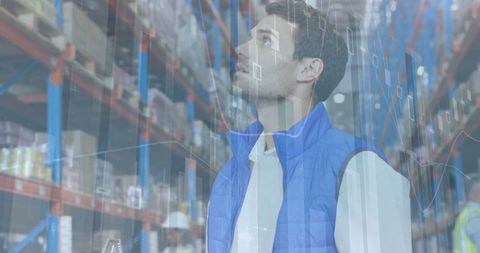 Warehouse Worker Analyzing Digital Financial Data Trends