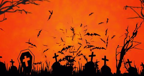 Spooky Halloween Bats Flying Over Eerie Cemetery at Sunset