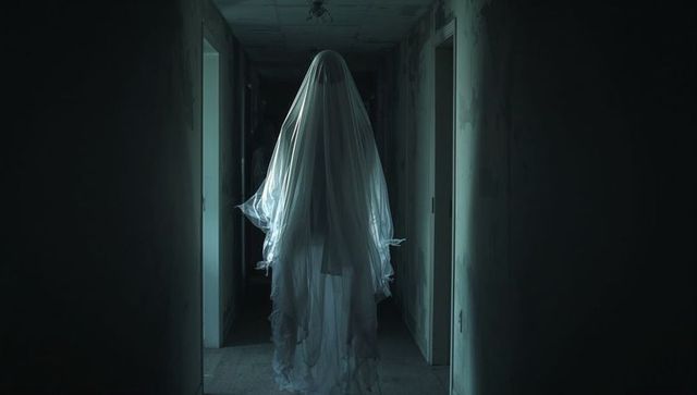 Mysterious ghostly figure gliding through haunted corridor