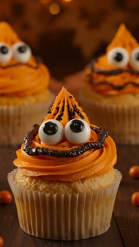 Vertical video zooming on Halloween cupcake with candy eyes, orange swirl frosting, spooky smile