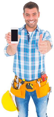 Happy repairman with smartphone transparent background smiling and thumbs up
