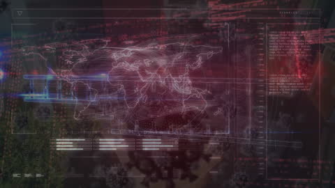 Futuristic Data Processing with World Map and Virus Cells Overlay