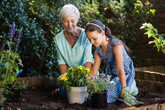 Grandmother and granddaughter planting flowers in a garden, showcasing family bonding and outdoor activity. Ideal for use in articles about family activities, gardening tips, multigenerational relationships, and healthy outdoor hobbies. Perfect for promoting gardening products, family-oriented services, and lifestyle blogs.