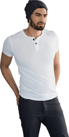Fashionable Man in White T-Shirt with Beanie on Transparent Background