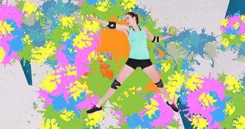 Dynamic Female Handball Player in Colorful Burst Action