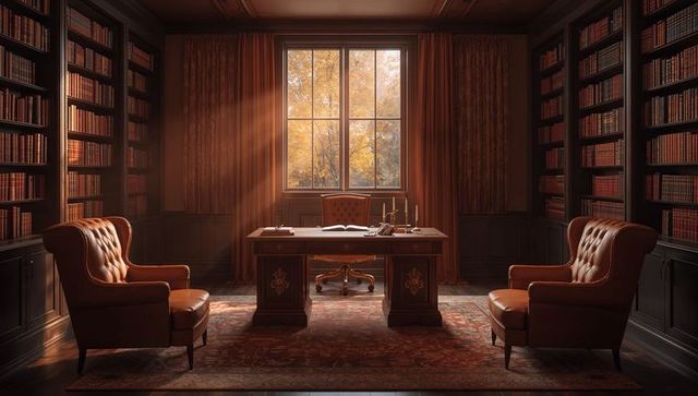 Sunlit classic study basking in autumn light with leather chairs and ornate wooden desk