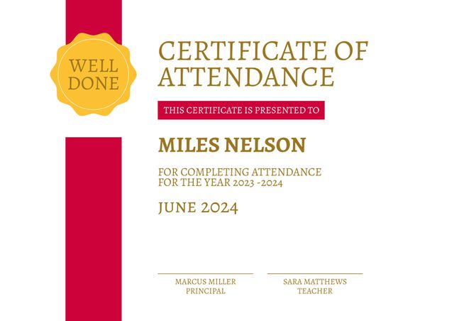 Certificate of Attendance featuring gold text and red badge on white background. Ideal for recognizing student attendance achievements. Perfect for school year-end events, academic ceremonies, and educational accomplishments. Easy to customize for any educational institution or grading period.