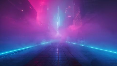 Neon Cyberpunk Walkway Leading Toward Futuristic Pillar Through Foggy Cityscape