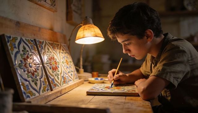 Teen painting ceramic tile by lamp in rustic pottery workshop crafting floral tile art