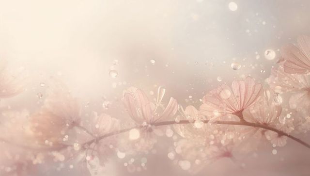 Dreamy pale-pink blossom branch with dew drops, soft bokeh and pastel morning light