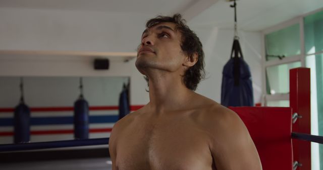 A male boxer stands in a gym staring upwards, exuding determination and focus. Great for themes related to athleticism, boxing, fitness training, and preparation.