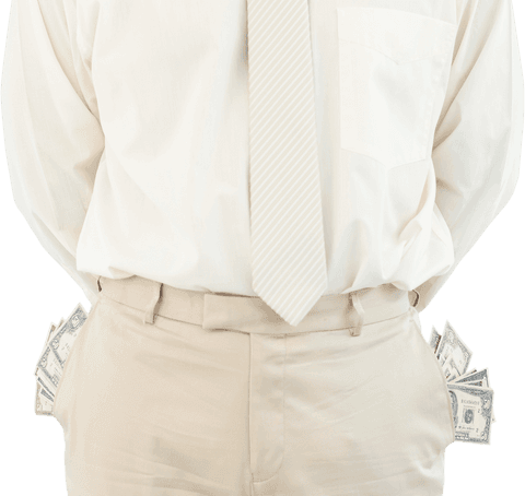 Transparent midsection of businessman with dollars in pockets
