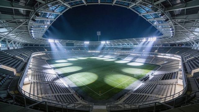 Floodlighting modern football stadium at night, dramatic spotlight beams across turf