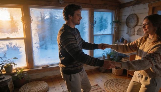Couple swaying in cozy rustic winter cabin wearing knit sweaters near frosted windows at sunrise