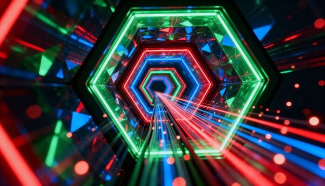 Kaleidoscopic neon hexagon tunnel radiating fiber-optic beams and mirrored reflections