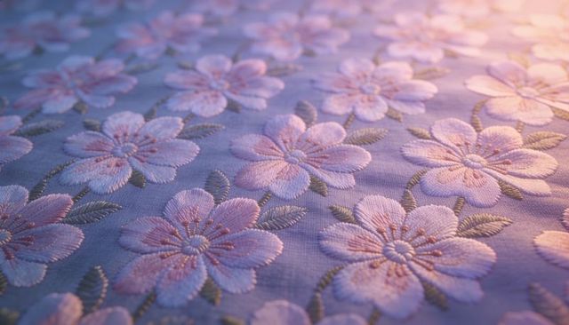 Macro embroidered pastel cherry blossom fabric with satin-fill stitch