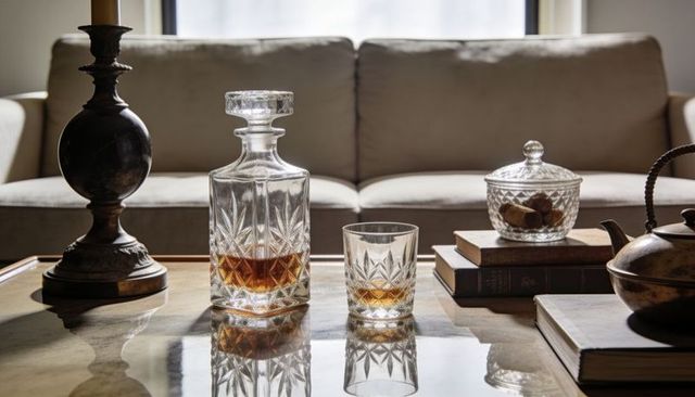Crystal decanter and tumbler reflecting whiskey on glass coffee table with vintage decor accents