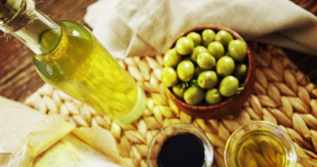 Fresh Olive Oil with Bread and Green Olives on Rustic Table - Download Free Stock Images Pikwizard.com