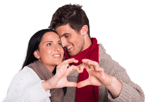 Loving couple creating heart gesture on transparent background