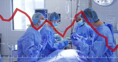 Surgical Team Collaborating with Superimposed Graph, Symbolizing Medical Trends
