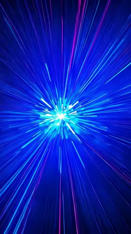 Vertical video zooming into neon blue light core bursting radial streaks outward in dark studio