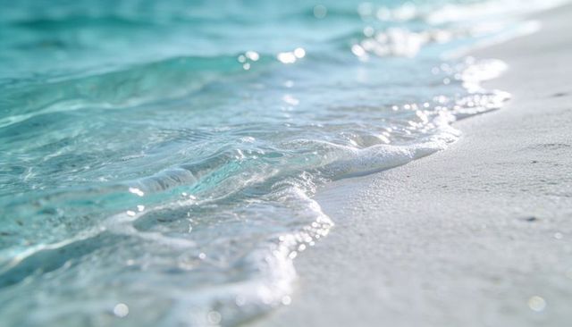 Turquoise wave lapping wet white sand with sunlit foam and sparkling bokeh
