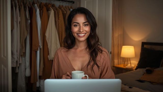 Smiling woman holding coffee mug during evening laptop session in cozy bedroom wardrobe