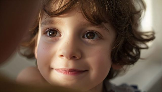 Curly brown-eyed boy gazing upward with gentle smile in warm sunlit closeup portrait
