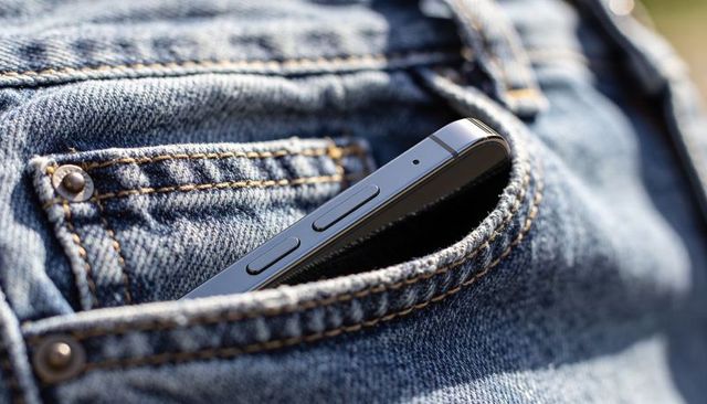 Smartphone peeking from denim pocket close-up showing rivet, orange stitching and texture