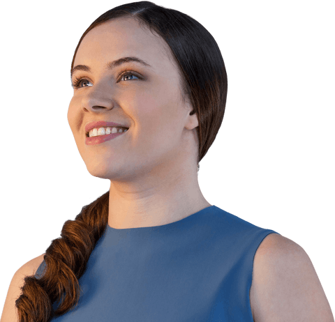 Transparent Cheerful Young Woman Smiling in Blue Top