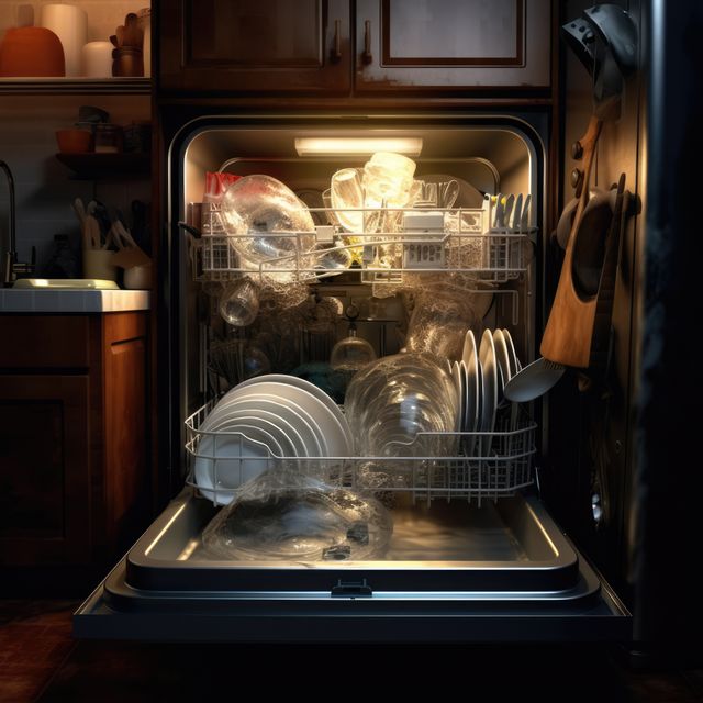 Opened dishwasher fully loaded with various dishes and kitchenware. Suitable for use in advertisements for household appliances, articles about domestic chores, guides on kitchen cleanup tips, and home organization blogs.