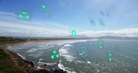 Digital eco network icons floating over coastal seascape