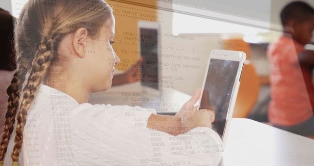 Schoolgirl engaging with educational software on tablet with code overlay