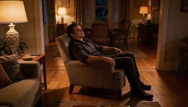 Man reclining in armchair gazing upward in cozy living room with warm lamp light