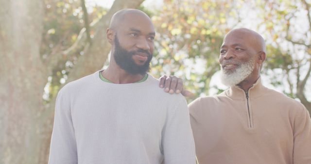 Image of happy senior african american father and adult son talking in garden. Family, domestic life and togetherness concept digitally generated image.