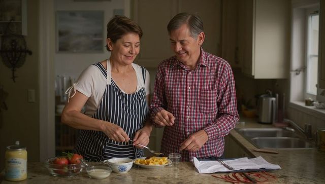Senior couple preparing fresh fruit in cozy kitchen, slicing mango and smiling together