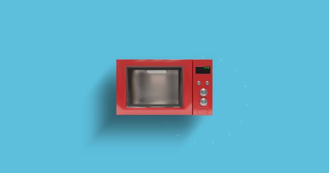 Red microwave oven positioned against bright blue background, highlighting its contemporary design. Ideal for use in marketing materials for home appliances, kitchen decor ideas, or modern design showcases. Perfect for illustrating concepts of minimalist living or vibrant home style.