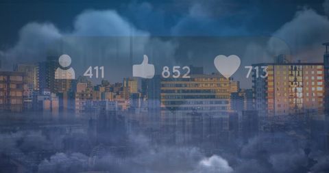 Social Media Icons Overlaid on Urban Cityscape with Cloudy Sky
