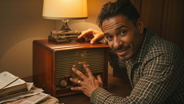 Adjusting vintage wooden radio knob smiling man in green plaid shirt midcentury warmth