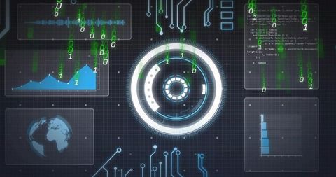 Pulsing Radial HUD Dashboard with Binary Rain and Data Visualizations on Tech Grid