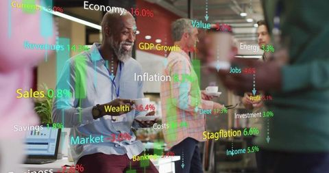 Senior professional discussing economics in modern workspace