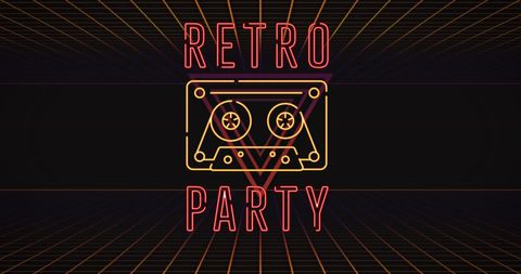 Retro party neon text with cassette illustration design