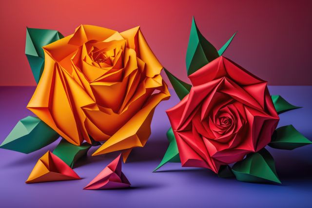 Image of orange and red origami roses on red background, created using generative ai technology. Origami, art, nature and flowers, digitally generated image.