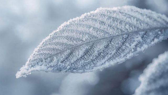 Frosted leaf macro showing intricate hoarfrost crystals and delicate venation close-up