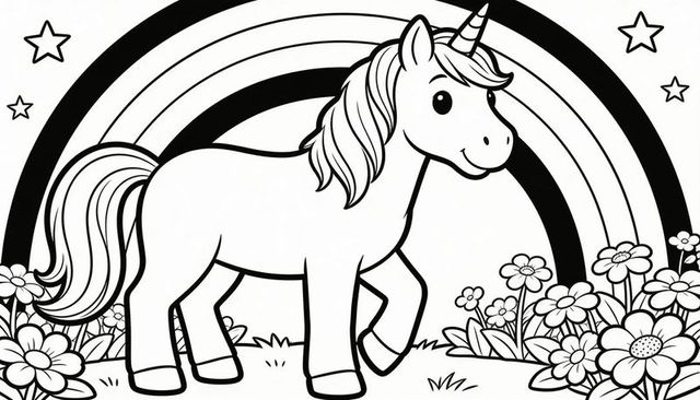 Standing unicorn featuring flowing mane and rainbow in flower meadow coloring page